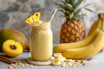 Canvas Print - Smoothie with Mango Banana and Pineapple in a Jar with Nearby Ingredients