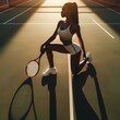  Tennis, sports and people on court in sunshine with silhouette or shadow and mockup. Active fitness woman, man or professional sport player with racket from above or top in summer with ground mock up