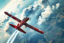 A Skilled Acrobatic Pilot Maneuvers A Red Airplane As It Flies Through A Cloudy Sky.