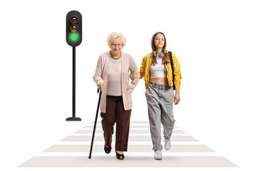 Poster - Granddaughter crossing a street with grandmother hand under hand