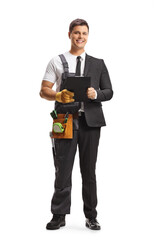 Wall Mural - Man dressed half as a repairman with a tool belt holding a clipboard and half as a businessman