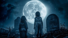 Young girls in a spooky cemetery on Halloween looking at full moon, night sky background artwork, haunted graveyard illustration.