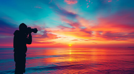 Wall Mural - A photographer takes photos of the sunset on the beach