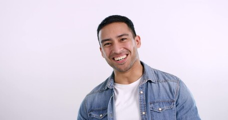Poster - Man, face and laughing for comedy in studio, funny joke and silly or goofy humor by white background. Asian male person, portrait and crazy comic or carefree, meme and happy or isolated by backdrop
