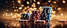Stacked poker chips amidst a sparkling, golden bokeh background.