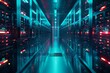 Row of network servers in a data center With led lights blinking Symbolizing the backbone of modern digital communication and data storage