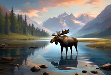 Landscape With The Moose In The Lake