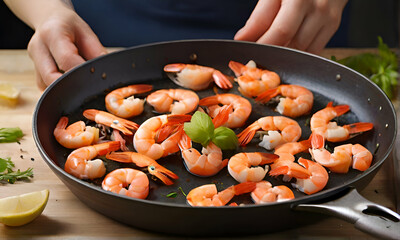 Wall Mural - Preparing the shrimps on pan