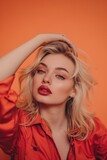 Fototapeta Tęcza - Glamour Blonde Woman With Red Lipstick. Generative AI