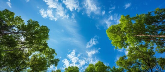 gazing up at the sky through the canopy of trees on a sunny day reveals a picturesque natural landsc