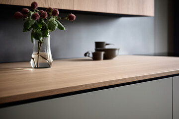 Wall Mural - Minimalist White Kitchen Interior with Modern Design: Empty Wooden Dining Table and Blurred White Wall Background.