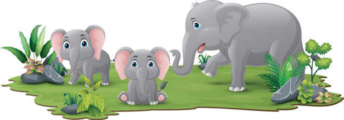 Poster - Cute family elephant cartoon in the grass