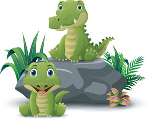 Wall Mural - Cute two crocodiles cartoon on the stone