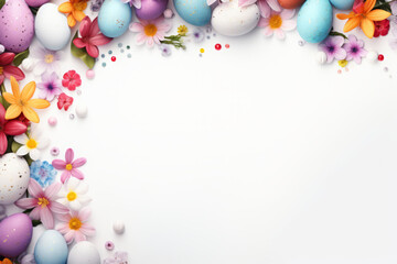 Wall Mural - Easter background with spring flowers and colorful Easter eggs on white surface