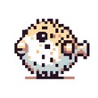 Pixel art of a pufferfish with a white background, in the style of early 90s video game console, cute 8 bit animal illustration