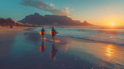 Two male surfers go surfing in the sea. Two men carrying surfboards run in to the sea for surfing in Cape Town in the evening at sunset