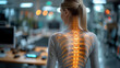 highlighted spine of the neck and back of a woman with neck and back pain in the office, medical concept, office syndrome, a woman standing in a office with neck and back pain highlighted the bones