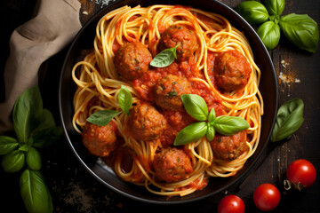 Wall Mural - Spaghetti with meatballs and tomato sauce and fresh basil overhead shot