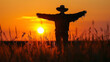 A lone scarecrow stands tall against the fading light of the sunset its silhouette blending in with the quiet countryside.