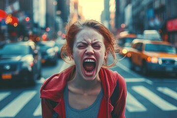 Canvas Print - Angry woman screaming in the street. Generative AI.