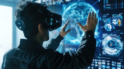 Wall Mural - A man wearing a virtual reality headset in front of a computer screen. Generative AI.