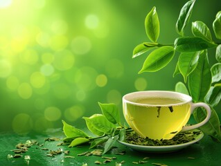 Sticker - Green tea with leaves and leaves on a green background. Generative AI.