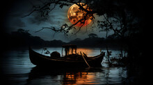 A Row Boat Under An Orange Moon Is In The Water