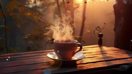 a cup of hot coffee on a rustic table against the forest. seamless looping overlay 4k virtual video 