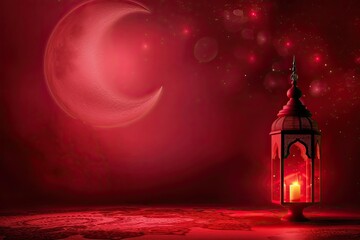 Canvas Print - Beautiful red islamic desktop wallpaper background with crescent moon and elegant lantern 