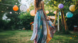 A flowy maxi skirt made from upcycled silk scarves adding a touch of whimsy to a sustainable garden party.