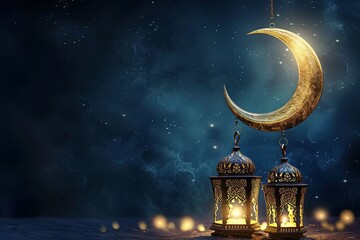 Beautiful black islamic desktop wallpaper background with crescent moon and elegant lantern