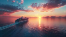 Luxury Cruise Ship Sailing To Port On Sunrise
