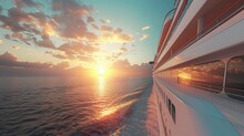 Luxury Cruise Ship Sailing To Port On Sunrise
