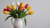 Fototapeta Tulipany - Photo Of Set Of Colorful Tulips, Flowers, White Tulips In A White Vase, Bouquet Of Yellow Tulips
