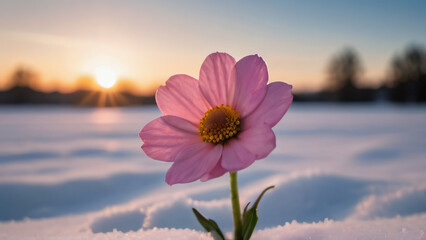 Wall Mural - Photo Of A Single Pink Flower Sitting In The Middle Of A Snow Covered Field With The Sun Setting In The Distance In The Distance, With A Blurry Background Of The Snow Covered Ground.