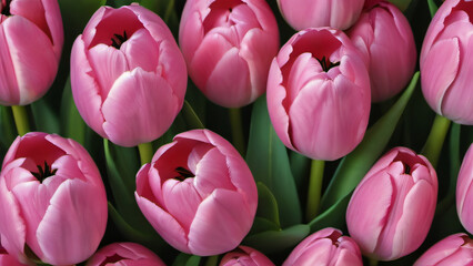 Wall Mural - Photo Of Pink Tulips In Bold Painted Seamless Repeating Pattern.