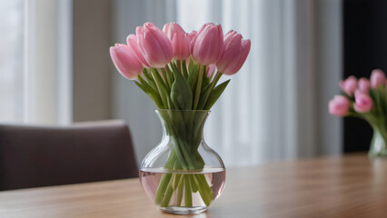 Wall Mural - Photo Of Elegant Interior, Glass Vase With Pink Tulip Bouquet On Table, Stylish Home Decor.