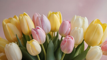 Wall Mural - Photo Of An Arrangement Of Pastel Tulips In Soft Yellows, Pinks, And Whites, Creating A Border Around The Image With.