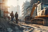Fototapeta  - Excavator and construction workers on site at dawn