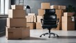 © ibreakstock - Empty office space with boxes and chair, depicting office relocation, remote working shift, and new business beginnings in e-commerce