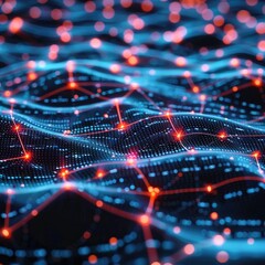 Wall Mural - เรียงประโยคนี้ Digital illustration representing a neural network with interconnected nodes and pathways, highlighted by dynamic orange and blue lights. มาใหม่ 12 ประโยค เป็นภาษาอังกฤษ