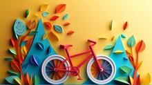 World Bicycle Day Colorful Background In Paper Cut Style. Eco Friendly Bicycle Concept. Generative AI 