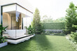Modern style bathroom view from garden outside 3d render , the bathtub area extends outside and is enclosed by a large clear glass window for touch the nature design concept.