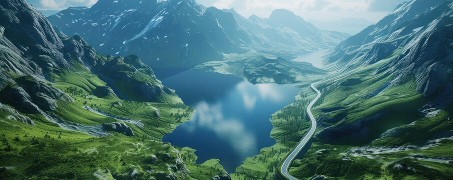 Aerial view of landscapes lake in the mountains and nature with winding road