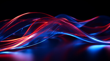 Poster - red and blue glowing light waves on reflective black background, high speed light trails motion, information or digital data transfer, digitalization, modern cyber tech wallpaper, abstract background