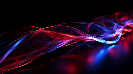 Poster - red and blue glowing light waves on reflective black background, high speed light trails motion, information or digital data transfer, digitalization, modern cyber tech wallpaper, abstract background