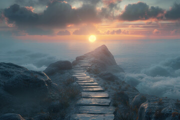 Wall Mural - Pathway leading to sea beach at sunset