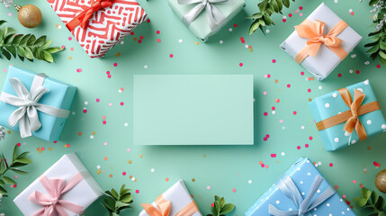 Wall Mural - card with random colors gift boxes on green background arranged in a flat lay top view and text space --ar 16:9 --style raw --stylize 250 --v 6 Job ID: 0a44c351-2add-4f45-a316-093fc0f9adeb