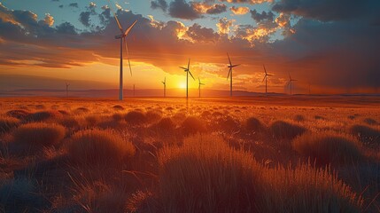 Aufkleber - Renewable energy farm at sunset, wind turbines and solar panels. Generative AI.