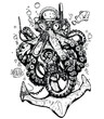Octopus and Anchor Tattoo Illustration in Steampunk Style , Mysterious Underwater Fantasy